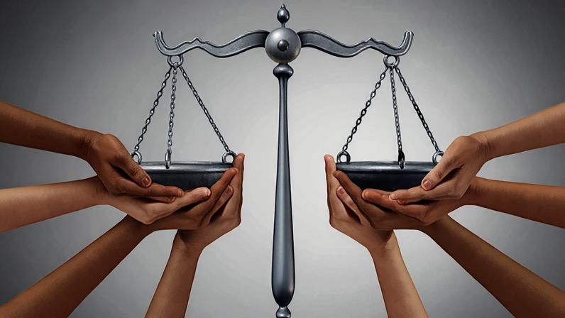 magem de duas balanças sustentadas por um suporte e seguras por dois pares de mãos, numa representação do conceito de justiça