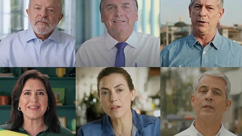 Os candidatos a presidente Lula (PT), Bolsonaro (PL), Ciro Gomes (PDT), Simone Tebet (MDB), Soraya Thronick (União Brasil) e Felipe D'ávila (Novo) em seus programas eleitorais