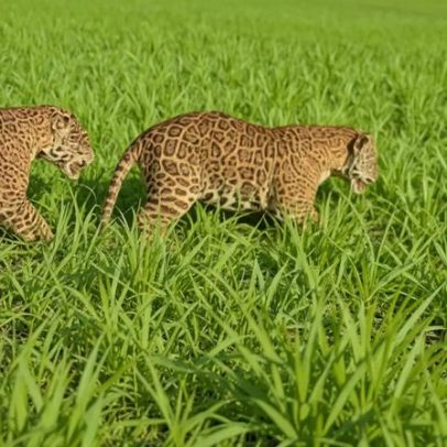 Onça-pintada corre ao lado de fazendeiro em lavoura no Mato Grosso