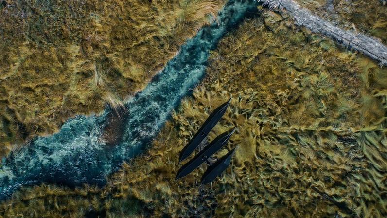 Aerial view of the Cuando River. The National Geographic Okavango Wilderness Project’s 2018 expedition focused on the eastern-most section of their survey area in Angola. The trek took the team down the length of the Cuando River, a journey that allowed them to explore the intersection of the Okavango and Zambezi Basins, two of the largest basins in Southern Africa. Image by Kostadin Luchansky/National Geographic Okavango Wilderness Project.