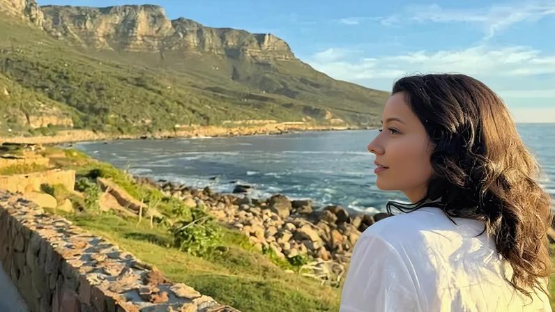 Daniela Filomeno em Camps Bay, praia pitoresca situada entre o mar e os Doze Apóstolos, cadeia de montanha que é cartão-postal da cidade