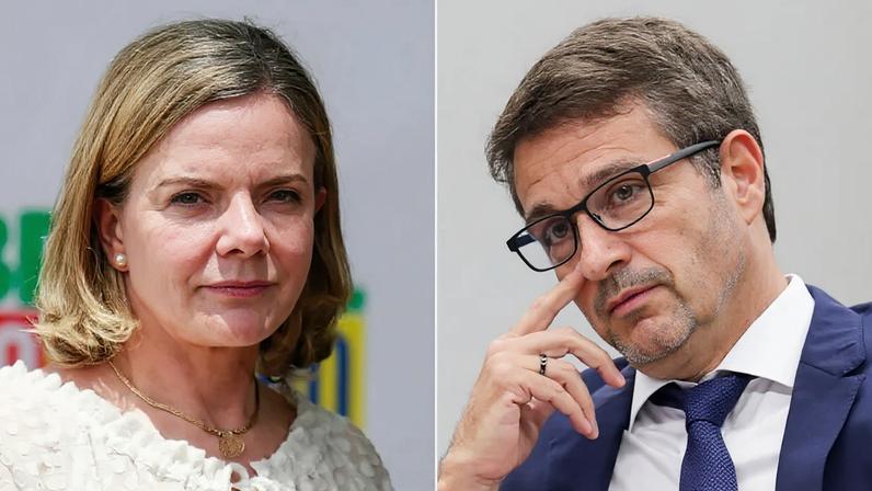 A presidente nacional do PT, Gleisi Hoffmann (à esq.), é uma das pessoas que mais criticam o trabalho do presidente do Banco Central, Roberto Campos Neto (à dir.)