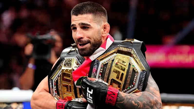 Ilia Topuria of Spain reacts to his win over Charles Oliveira of Brazil in the UFC lightweight championship bout during the UFC 317 event at T-Mobile Arena on June 28, 2025 in Las Vegas, Nevada. (Photo by Chris Unger/Zuffa LLC)