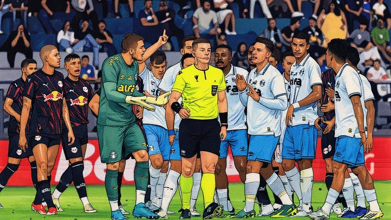 Jogadores do Grêmio reclamam com árbitro durante partida contra o Red Bull Bragantino (Foto: Joisel Amaral/AGIF)