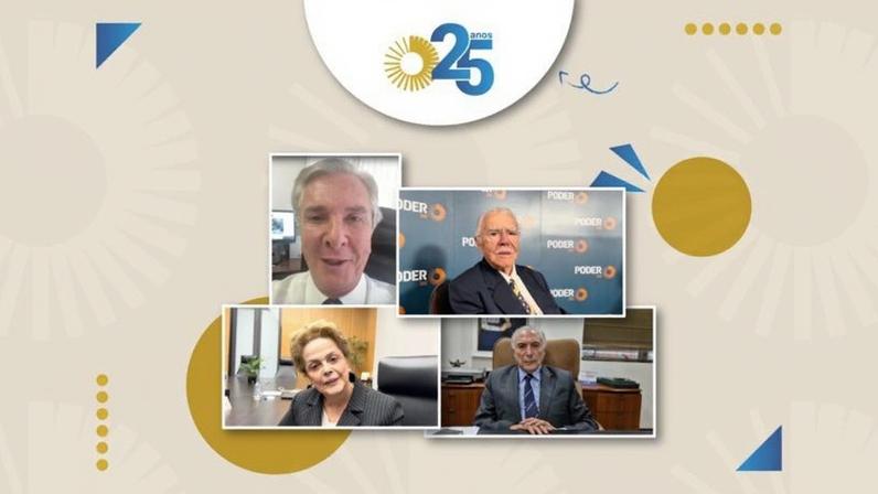 O jornal digital Poder360 completa 25 anos em 2025. Acima, os ex-presidentes da República: Fernando Collor, José Sarney, Dilma Rousseff e Michel Temer