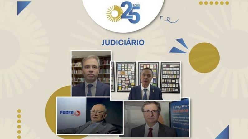 Os ministros do STF (da esq. para dir.) André Mendonça, Roberto Barroso e Gilmar Mendes e o procurador-geral da República, Paulo Gonet, participaram da campanha dos 25 anos do Poder360