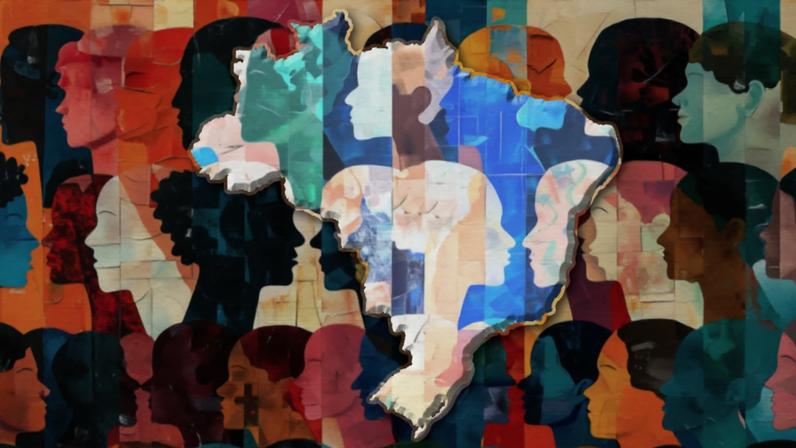 Ilustração com diversos rostos humanos em perfil coloridos em forma de colagem. Detalhe do mapa do Brasil em relevo sobre a imagem