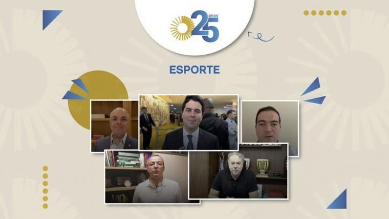 Da esquerda para a direita: Yuri Romão, presidente do Sport Club do Recife; André Fufuca, ministro do Esporte; Marcelo Paz, CEO do Fortaleza; Everaldo Coelho, vice-presidente de Marketing do Palmeiras; Julio Cesar Casares, presidente do São Paulo