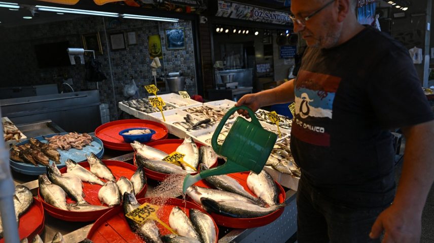 Salmão turco é exibido em um mercado de peixes em Trabzon, no Mar Negro (Foto: Oman Koze/AFP)