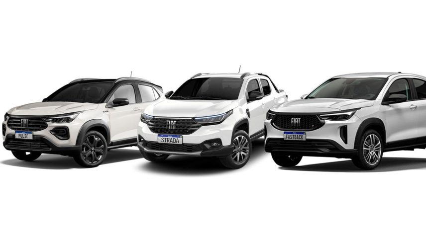 Modelos da Fiat envolvidos no recall: Pulse, Nova Strada e Fastback (Foto: Reprodução/Fiat; montagem Arte/O Globo)