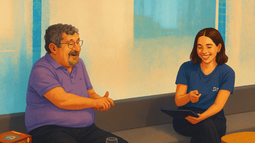 Desenho da entrevista com Luiz Sayão com Portal Tela. (Imagem: Portal Tela)