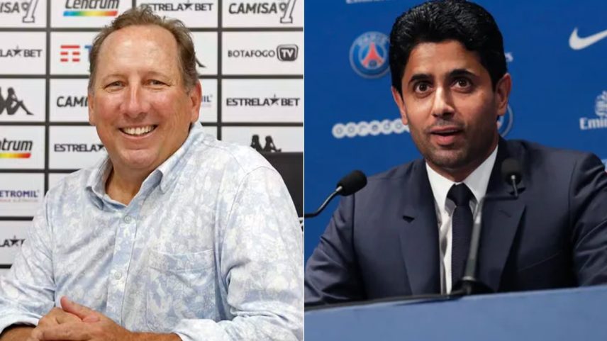 John Textor e Al-Khelaifi — Foto: Vítor Silva/Botafogo e Thomas Sanson/AFP