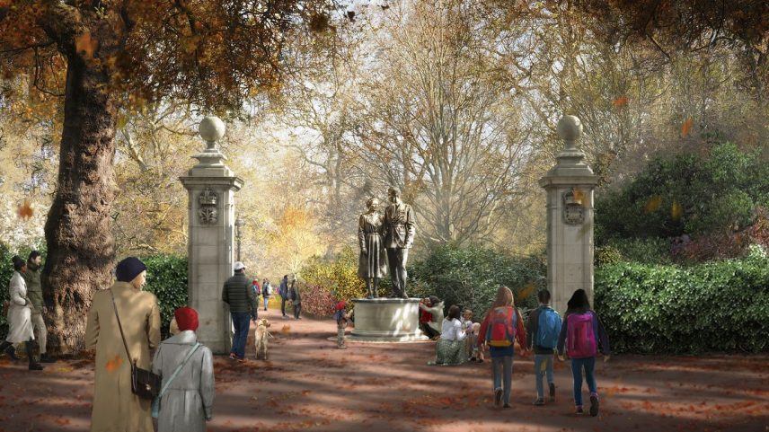 Imagem de divulgação divulgada pela Foster + Partners em 24 de junho de 2025 mostra uma ilustração artística de uma escultura que retrata a falecida Rainha Elizabeth II e o Príncipe Philip (Foto: FOSTER + PARTNERS/AFP)