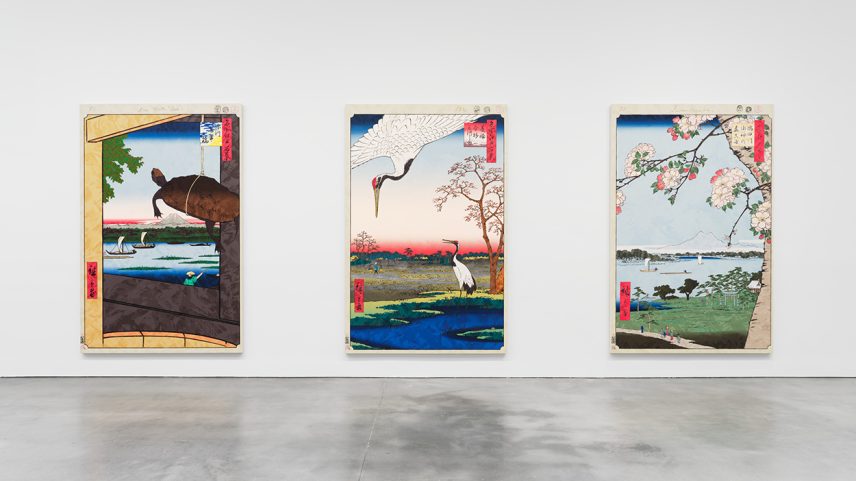 Vista da exposição de Takashi Murakami "JAPONISME → Cognitive Revolution: Learning from Hiroshige," 2025, na Gagosian, Nova York. (Foto: Kei Okano. Cortesia do artista e Gagosian. ©Takashi Murakami/Kaikai Kiki Co., Ltd.)