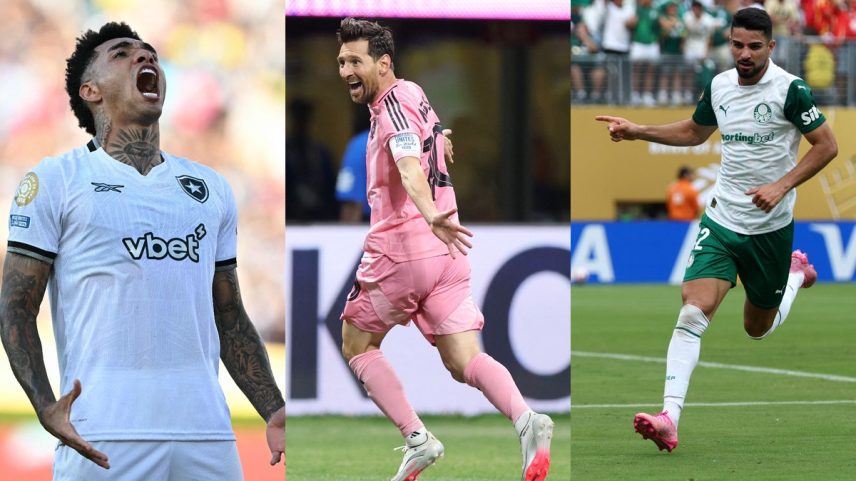 Igor Jesus, do Botafogo; Lionel Messi, do Inter Miami e Flaco López, do Palmeiras (Foto: YURI CORTEZ / AFP; ALEX GRIMM / GETTY IMAGES NORTH AMERICA / Getty Images via AFP; FRANCK FIFE / AFP)