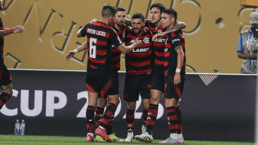 Jogadores do Flamengo celebram o gol de Arrascaeta, o primeiro no Mundial de Clubes (Foto: Gilvan de Souza / Flamengo)