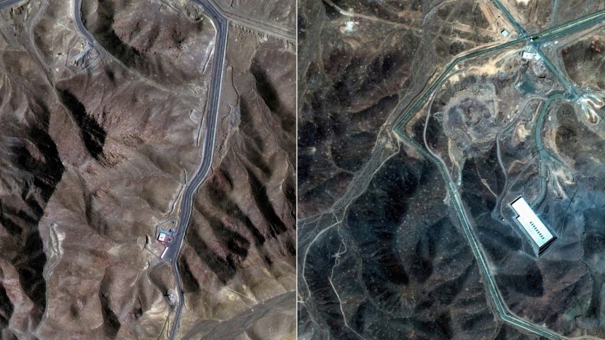 Complexo da Usina Nuclear de Fordow, no Irã, em 20 de junho (à esquerda), antes do ataque dos EUA, e em 22 de junho, após o ataque. Análise das duas imagens em comparação com registros anteriores, de 2009, revelam que americanos atingiram dutos de ventilação (Foto: MAXAR TECHNOLOGIES/via REUTERS)