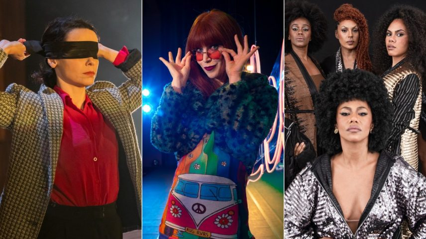 Débora Falabella, em 'Prima Facie', Mel Lisboa em 'Rita Lee – Uma Autobiografia Musical', e 'ELZA' — Foto: Divulgação e AGÊNCIA O GLOBO