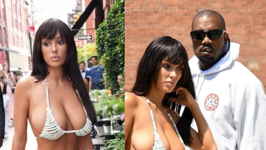 Bianca Censori foi flagrada no último domingo (22) desfilando pelo Brooklyn com um look que não deixou ninguém indiferente: um conjunto de lingerie feito de doces comestíveis. (Foto: Reprodução/Backgrid)