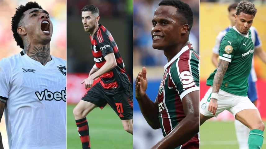Botafogo, Flamengo, Fluminense e Palmeiras avançaram às oitavas de final da Copa do Mundo de Clubes — Foto: 1 - YURI CORTEZ / AFP, 2 - Gilvan de Souza / Flamengo / divulgação, 3 - FRANCK FIFE / AFP e 4 - CHARLY TRIBALLEAU / AFP