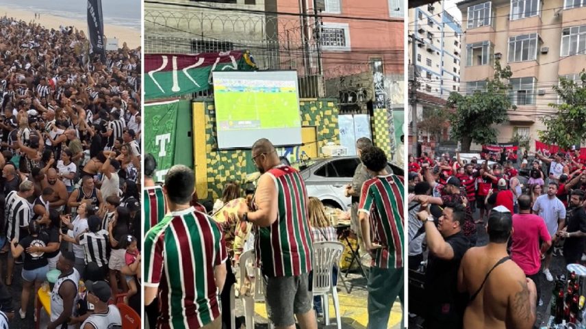 Torcida Itaipuaçu Fogo, em Maricá; tricolores na Rua Pereira Nunes, em Vila Isabel; e flamenguistas na Rua Gen. Espírito Santo Cardoso, na Tijuca (Foto: Arquivo pessoal e Patrick Melo)