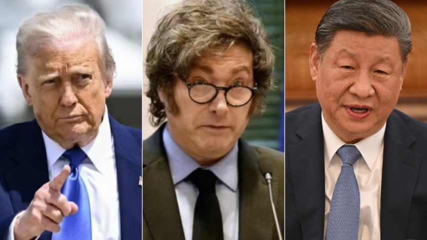 Donald Trump, Javier Milei e Xi Jinping: presidente argentino é discípulo de americano, usou retórica 'anti-comunista' nas eleições, mas depois se aproximou da China (Foto: Montagem com fotos de Brendan Smialowaski (AFP), Daniel Duarte (AFP) e Adek Berry (AFP))