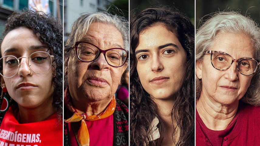 Ativistas climáticas têm opiniões diferentes sobre o uso das redes sociais na militância; na foto, da esq. para a dir, Luísa Santi, 21, Maria Regina Alves, 82, Fernanda Banyan, 23, e Eleni Rocha, 65 (Foto: Raquel Franco e Lucas Seixas/Folhapress)