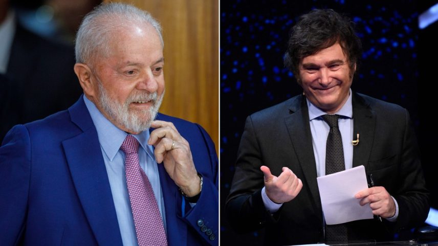 Presidente Luiz Inácio Lula da Silva e o presidente da Argentina, Javier Milei (Foto: Brenno Carvalho/O Globo e Luis Robayo/AFP)