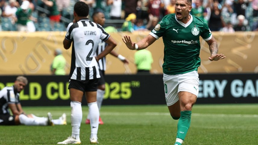 Paulinho comemora o gol da vitória do Palmeiras sobre o Botafogo (Foto: FRANCK FIFE / AFP)