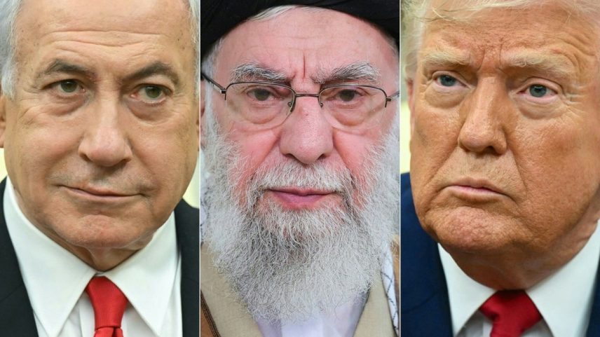 O premier de Israel, Benjamin Netanyahu (esq.), o aiatolá Ali Khamenei e o presidente dos EUA, Donald Trump (Foto: AFP)