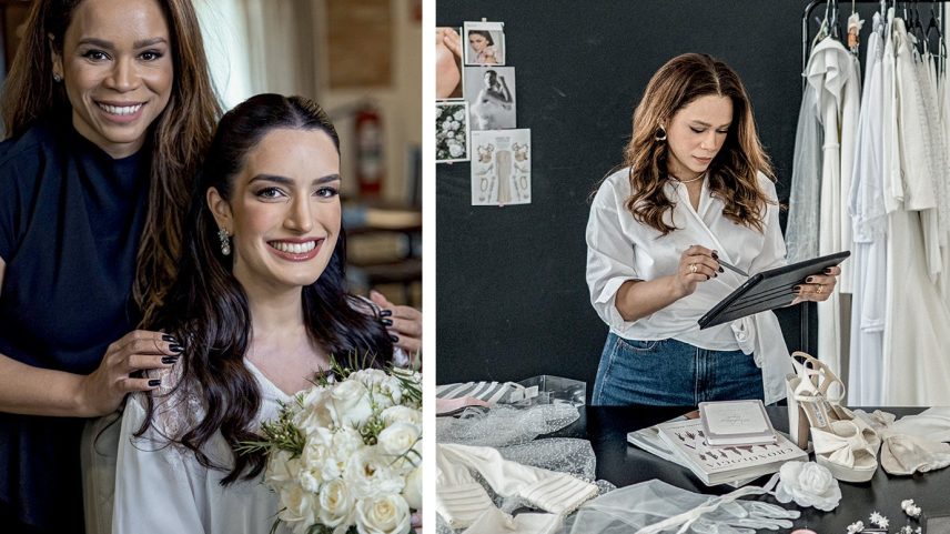 Tatiane Alves e a noiva Flávia Damiani: a empresária deve atender 40 noivas em 2025 (Foto: Victor Rocha e Daniel Goes/Divulgação)