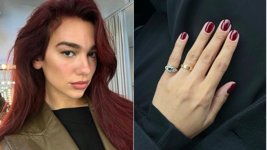 Dua Lipa com a cor do momento: a cherry core, que aparece nos cabelos, nas unhas e na maquiagem (Foto: Divulgação)