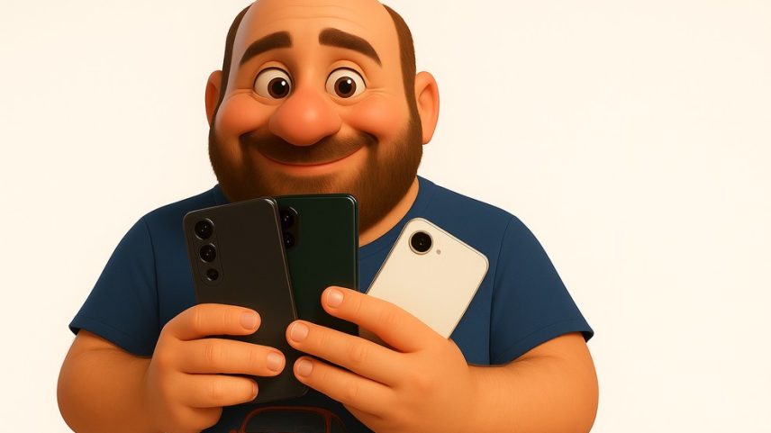 Imagem gerada por inteligência artificial mostra personagem de desenho com três celulares nas mãos (Foto: Reprodução/Perplexity.ai)