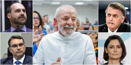 Paraná Pesquisas testou a candidatura de Lula contra os membros do clã Bolsonaro para 2026. (Foto: Mário Agra/Câmara dos Deputados; Geraldo Magela/Agência Senado; Ricardo Stuckert/PR; Fellipe Sampaio/STF; e Carolina Antunes/PR)