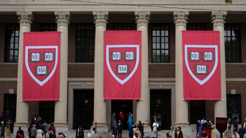 Bandeiras com o símbolo de Harvard adornam um dos prédios da universidade que se tornou símbolo da resistência da ciência aos ataques de Trump (Foto: AFP)