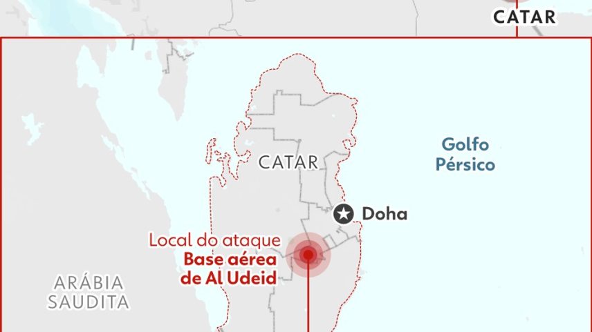 Mapa mostra base aérea dos EUA no Catar, atingida por mísseis do Irã nesta segunda-feira (23). (Foto: Arte/g1)