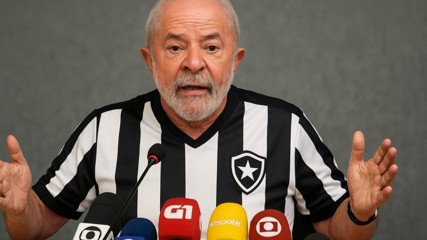 Lula em coletiva de imprensa com seu novo uniforme oficial (Foto: ChatGPT)