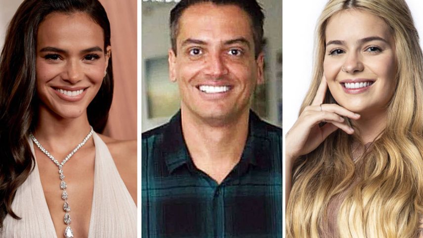 Atriz Bruna Marquezine (à esquerda), o colunista Leo Dias e a influenciadora Viih Tube (Foto: AFP/Divulgação/Globo)