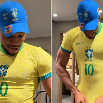 Vini Jr. presenteia estrela da NBA com camisa do Brasil e gera risadas sobre o tamanho