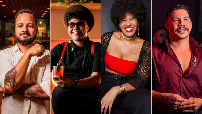 Mixologistas Waguinho, do Arp Bar; Vitória Olivier, do Nico Bistrô, de Fortaleza; Sol Cerqueira, do Purgatório Bar, de Salvador; e Hilley Júnior, do Nômades Bistrô, de Porto Seguro (Foto: Foto de Nubra Fasari e de divulgação)