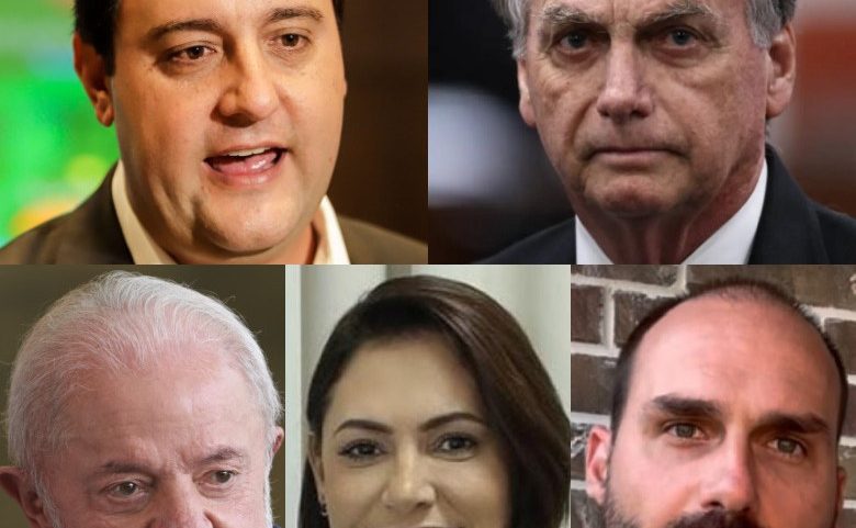 Governador do Paraná, Ratinho Júnior (PSD); o ex-presidente Jair Bolsonaro; o presidente Luiz Inácio Lula da Silva; a ex-primeira-dama Michelle Bolsonaro (PL); e o deputado federal Eduardo Bolsonaro (PL) (Foto: Roberto Dziura Jr/AEN/Ton Molina/STF/Marcelo Camargo/Agência Brasil/Redes sociais/Reprodução)