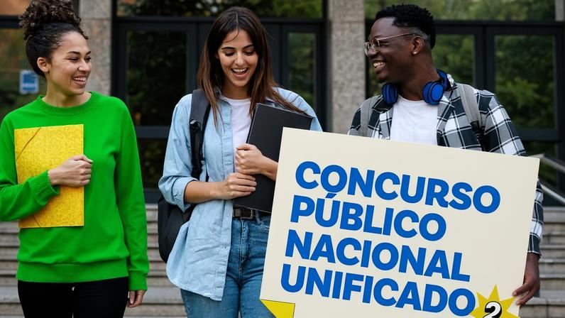 Fotografia de divulgação da segunda edição do Concurso Nacional Unificado (CNU 2025) mostra jovens com mochilas e pastas de estudo a sorrir. Aparece na imagem o logo do CNU 2025