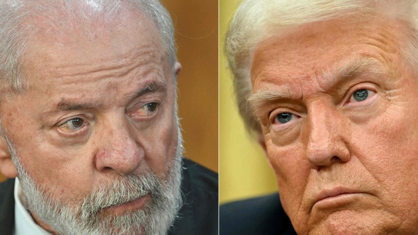 O presidente dos EUA, Donald Trump, aumentou tarifa sobre produtos brasileiros; Lula disse que Brasil aplicará reciprocidade (Foto: Evaristo Sá e Andrew Caballero Reynolds/AFP)