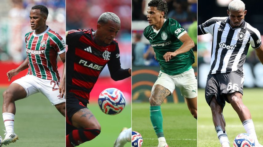 Arias, Wesley, Richard Ríos e Cuiabano são jogadores que atraem interesse da Europa após Mundial — Foto: Marcelo Gonçalves/Fluminense; Gilvan de Souza/Flamengo; Cesar Greco/Palmeiras; Vitor Silva/Botafogo