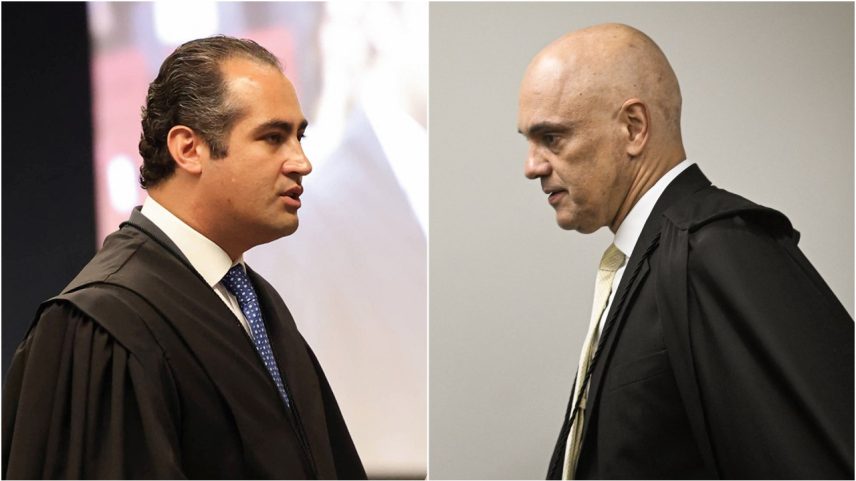 APURAÇÃO - Kuntz e Moraes: o advogado prestou depoimento à Polícia Federal por determinação do ministro do Supremo (Foto: Gustavo Moreno/STF; Mateus Bonomi/AGIF/AFP)