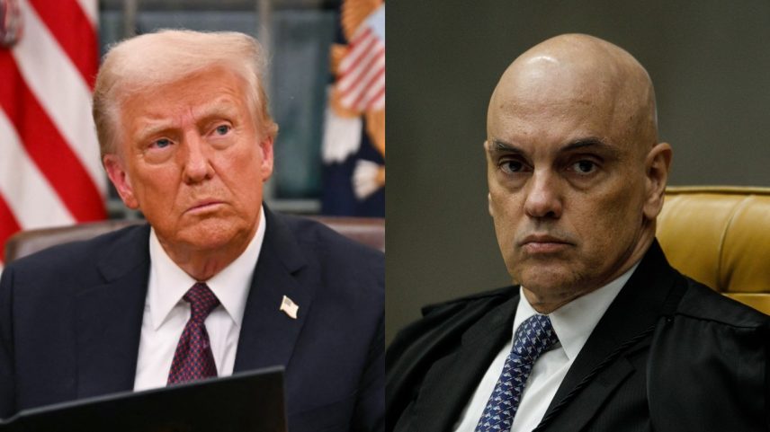 Presidente dos EUA, Donald Trump; e o ministro do STF, Alexandre de Moraes. (Foto: Jim WATSON / POOL / AFP e Brenno Carvalho / Agência O Globo)