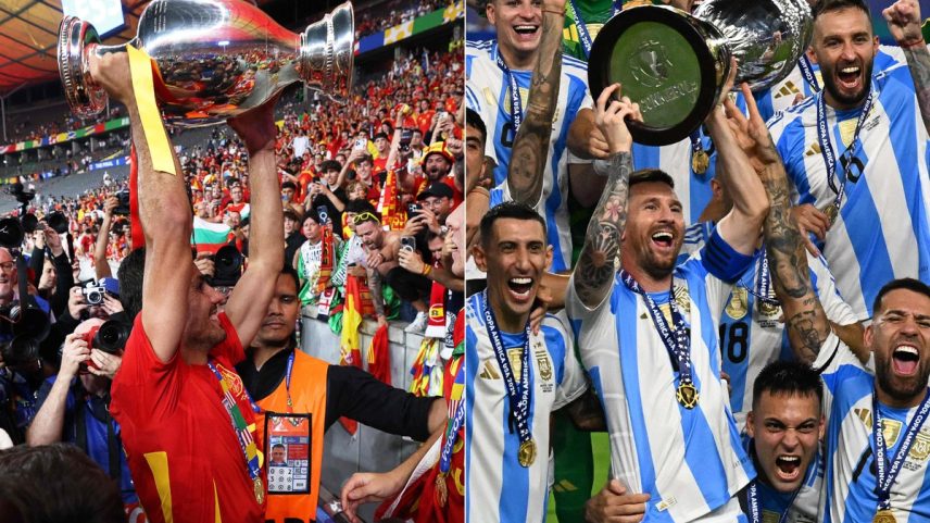 Espanha e Argentina se enfrentarão pela Finalíssima (Foto: Adrian DENNIS / AFP e Chandan Khanna / AFP)