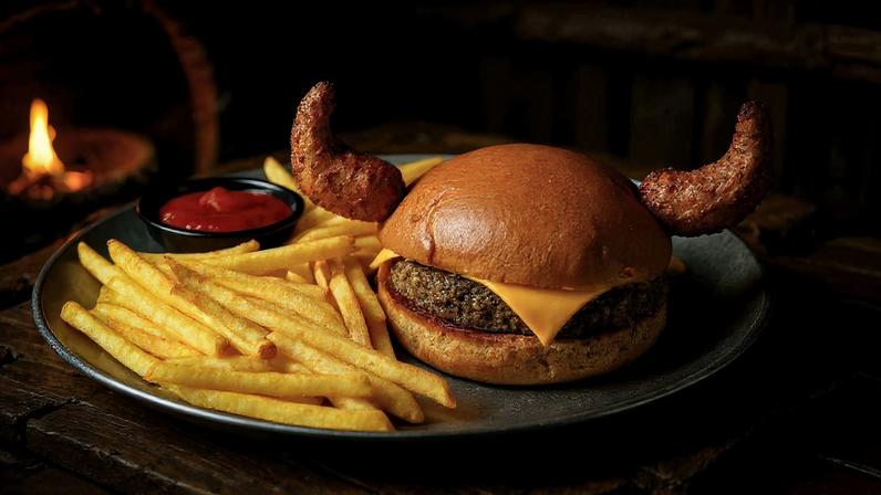 Guerreirinho burger, um dos hambúrgueres servidos no Vikings, restaurante temático no Tatuapé