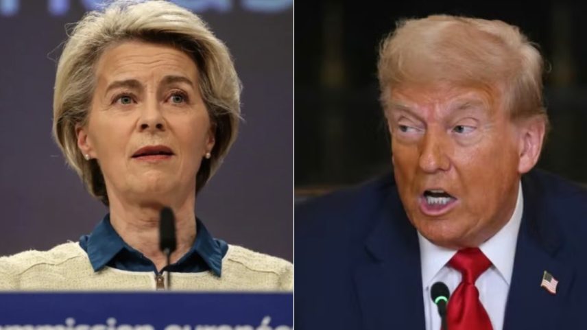 Ursula von der Leyen, presidente da Comissão Europeia, e o presidente dos EUA, Donald Trump (Foto: Montagem com fotos da Bloomberg e da AFP)