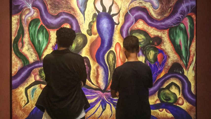 Frequentadores observam uma das obras em exibição na mostra (Foto: Divulgação)